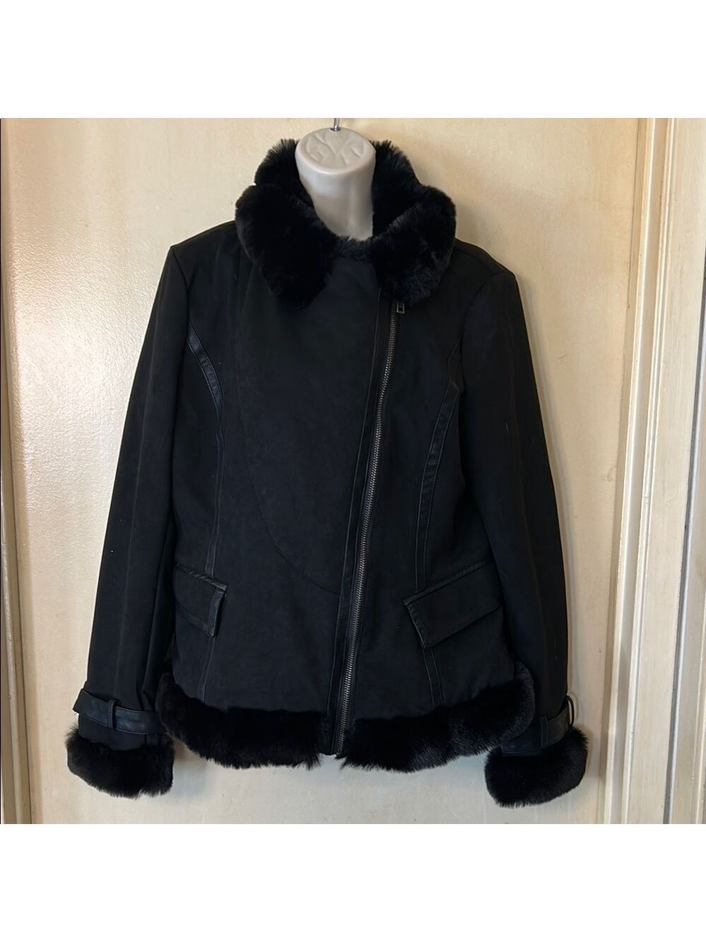 LA Coalition Black Faux Suede Bomber Jacket with Faux Fur Trim size XXL